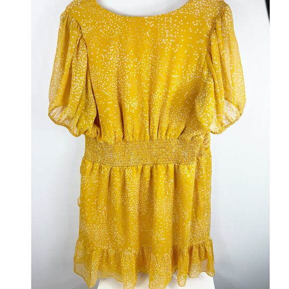 Express Womens Yellow Short Sleeve Dress Ruffle Bottom Small Dot Pattern XL - Picture 9 of 10
